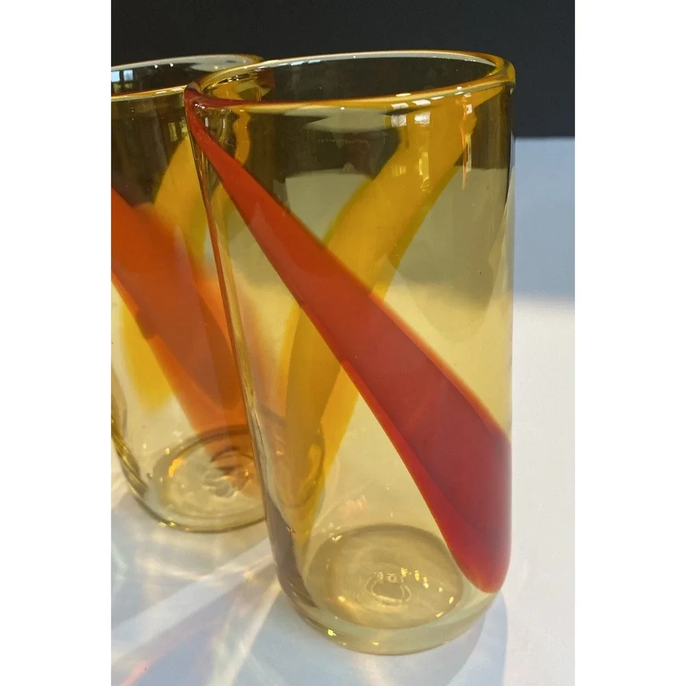 Handblown Glass Amber Glasses Orange and Red Set Of 3 6